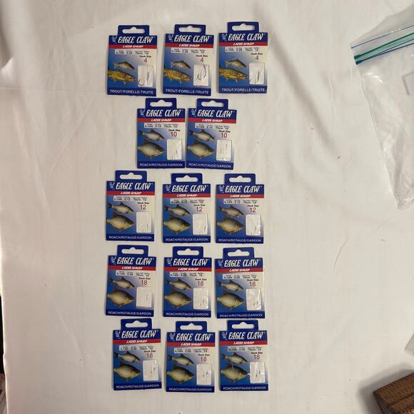 Eagle Claw LOT OF 14 (140 Hooks) Lazer Sharp & Trout Roach Hook Asst Packs of 10 - Picture 2 of 6